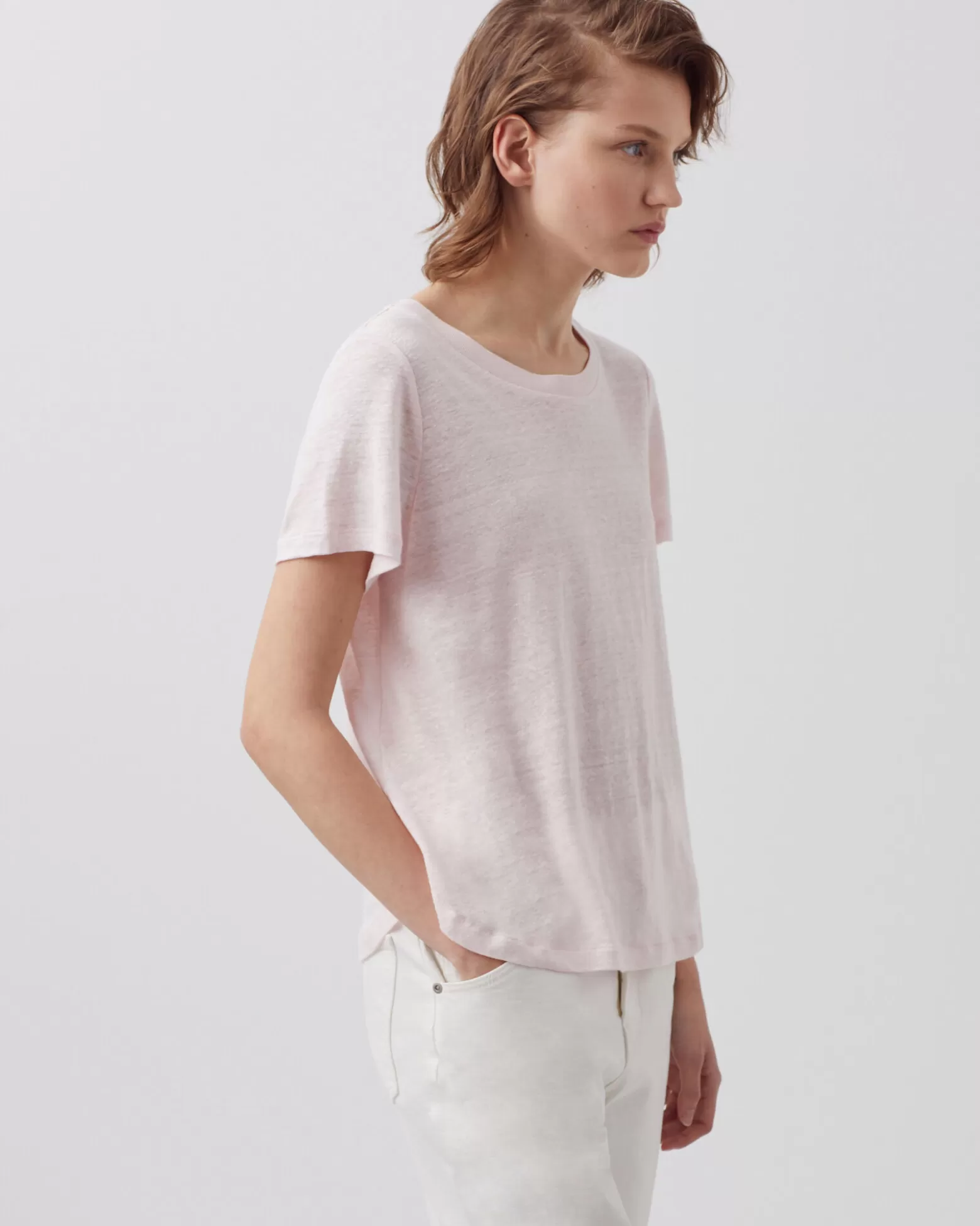 Tops | Comptoir des Cotonniers Amandine - T-Shirt Mit Rundhalsausschnitt Aus Leinen 0100 Pink Marshmallow